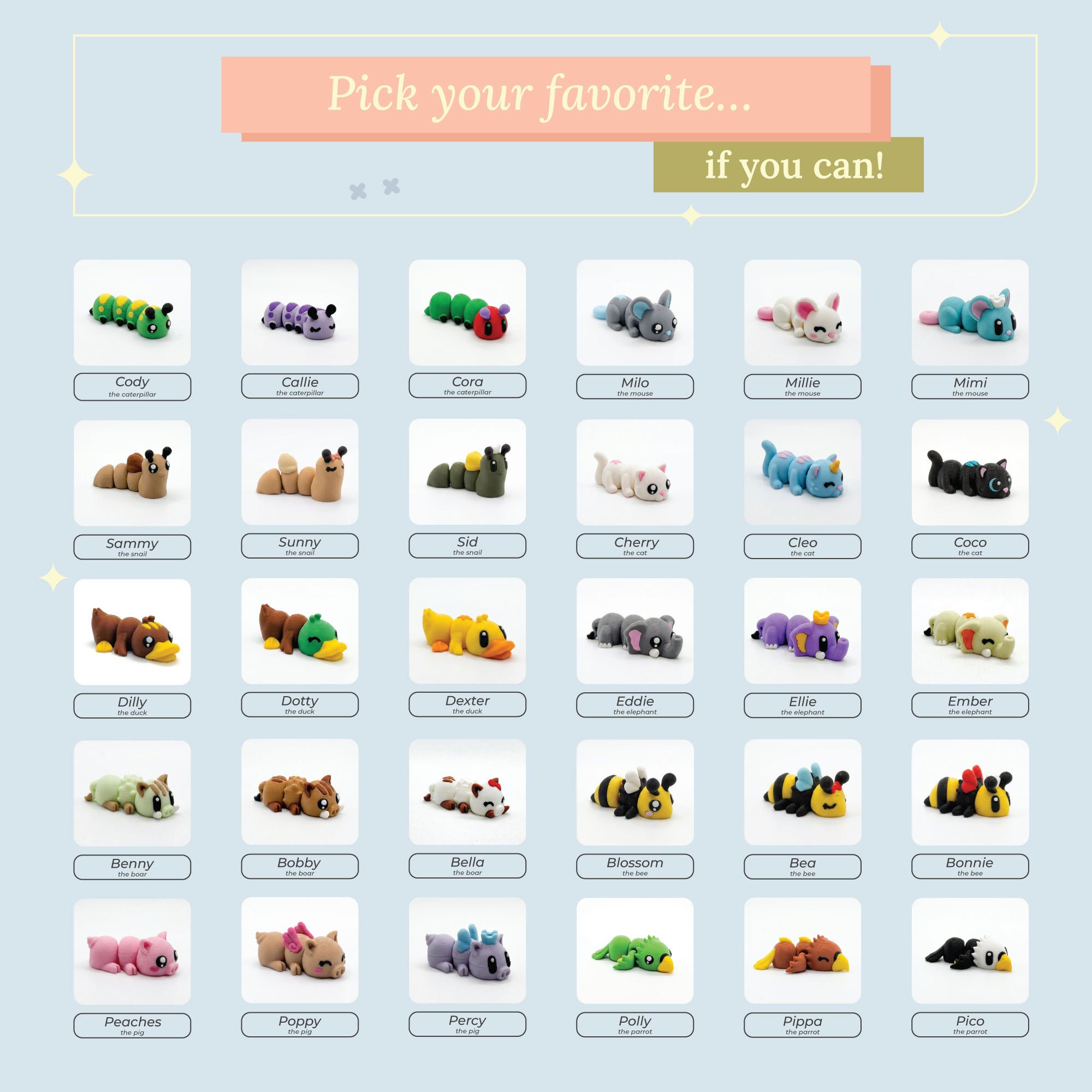 3D Printed Collectible Flexi Animals Set 3 Per Box